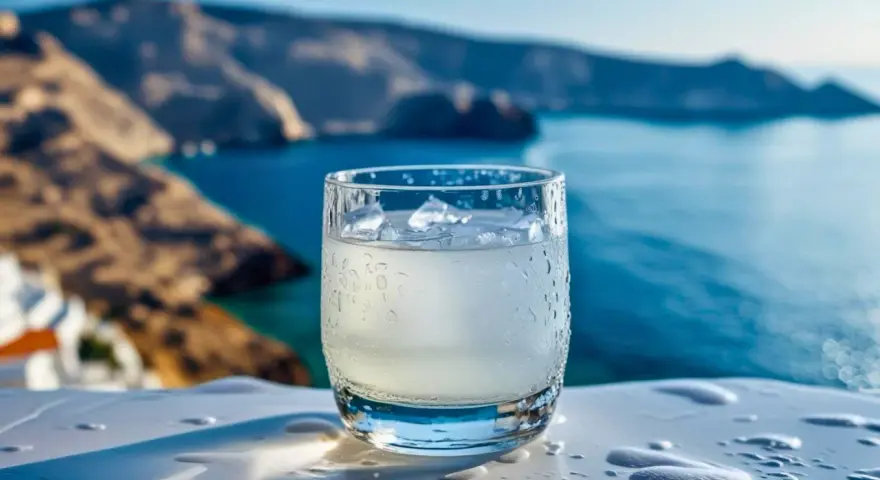 Szklanka orzeźwiającego ouzo z lodem, idealna na greckie wakacje. Zastanawiasz się, ouzo ile ma procent? Zazwyczaj 40-50%.