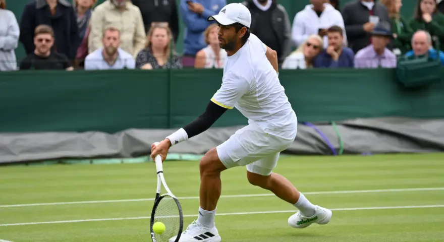 Fernando Verdasco Carmona, tenista español, golpea la pelota en una cancha de césped.