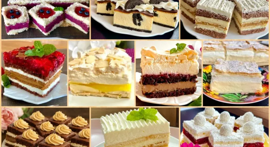Kolaże z przepisami na najmodniejsze ciasta: sernik z Oreo, ciasta z owocami, kremowe i czekoladowe.