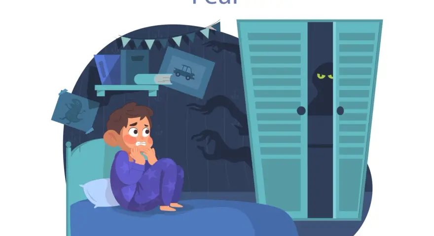 Ein Junge im Bett, ängstlich wegen Schatten und einem Monster im Schrank. Illustration zum Thema Umgang mit Angst bei Kindern.