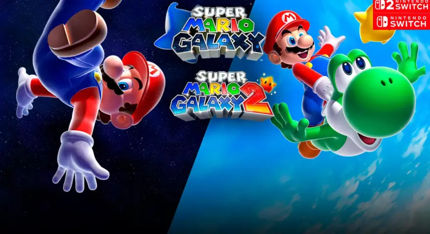 Mario Bros. y Yoshi vuelan por el espacio y el cielo, promocionando Super Mario Galaxy y Super Mario Galaxy 2 para Nintendo Switch.
