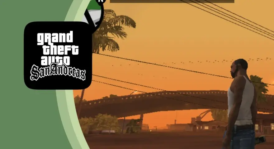 CJ en San Andreas, con el logo del juego y el mensaje "Truco activado". Descubre los mejores trucos GTA San Andreas movil.