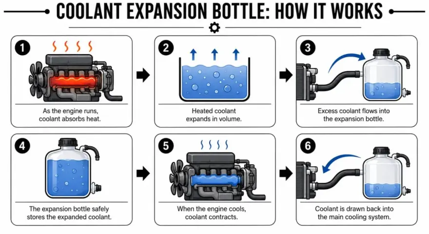 Diagram shows how coolant absorbs engine heat, expands, flows to an expansion bottle, and returns as the engine cools.