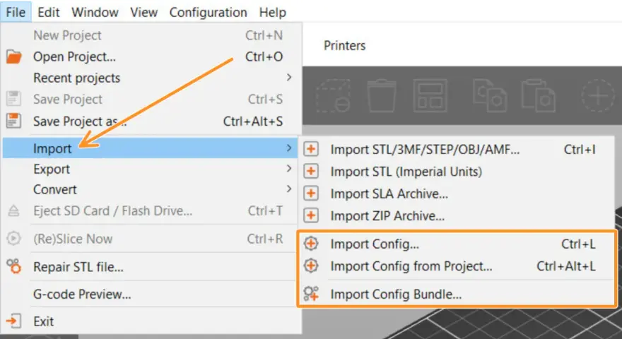 Menu "Import" w slicerze Prusa, z podświetloną opcją "Import Config...".