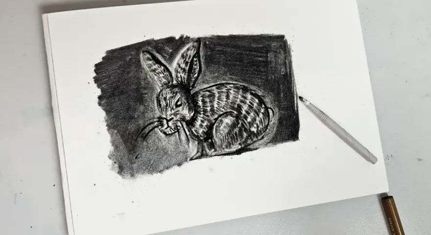 Un detallado dibujo carboncillo de un conejo con rayas, con un lápiz de carboncillo apoyado sobre el papel.