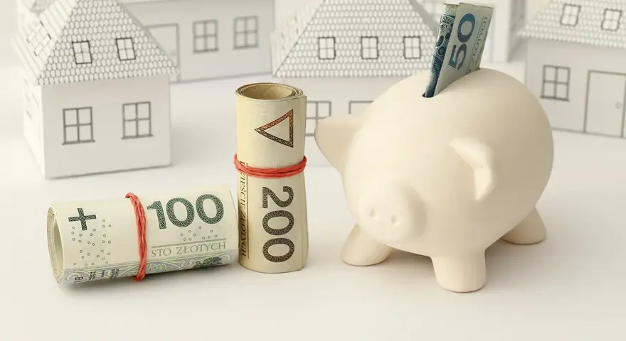 Świnka-skarbonka z banknotami i zwinięte pieniądze na tle domków. Czy kredyt konsolidacyjny się opłaca?