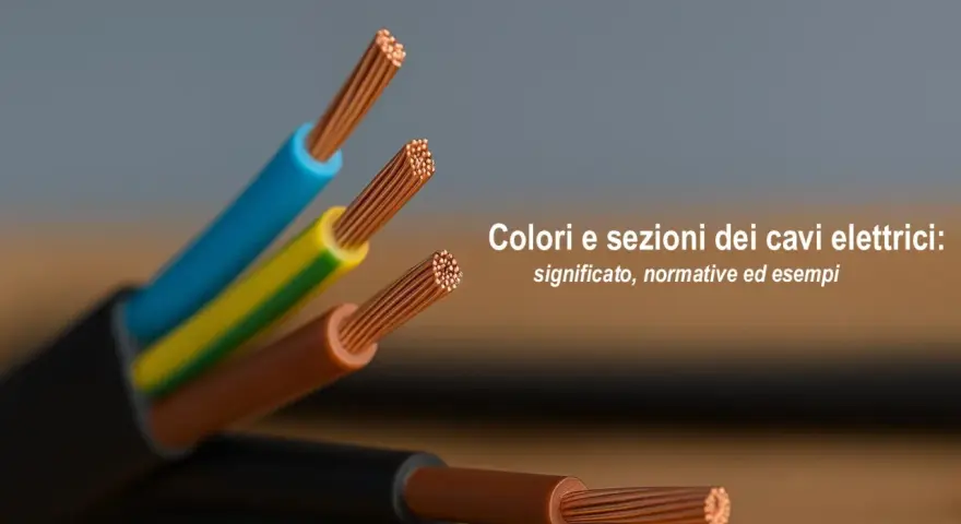 Dettaglio di diversi tipi di cavi elettrici con fili di rame scoperti, in vari colori: blu, giallo-verde e marrone.