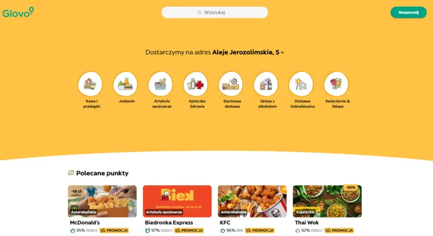 Aplikacja z restauracjami Glovo oferuje jedzenie, artykuły spożywcze i inne. Sprawdź polecane punkty, np. McDonald's, KFC, Biedronka Express.