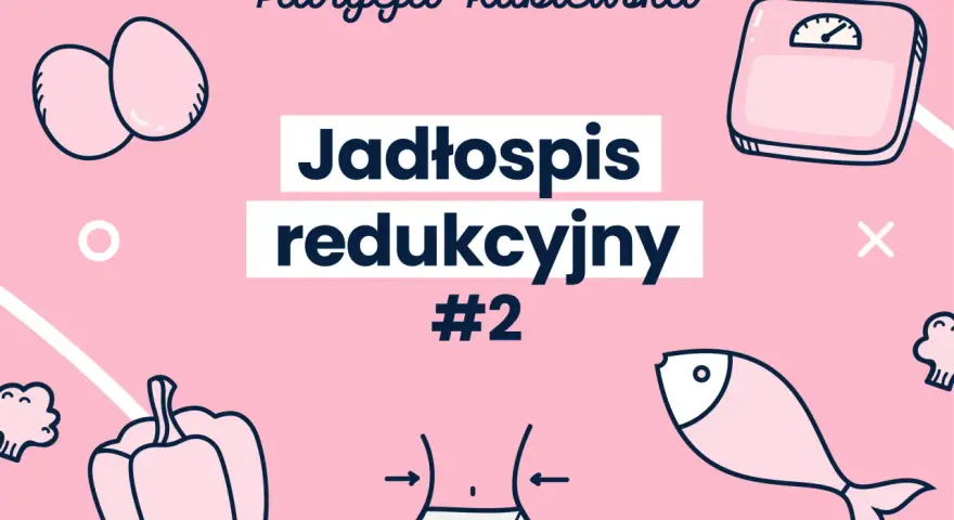 Tania dieta odchudzająca - jadłospis redukcyjny #2. Ilustracje: jajka, ryba, papryka, brokuły, waga, sylwetka.