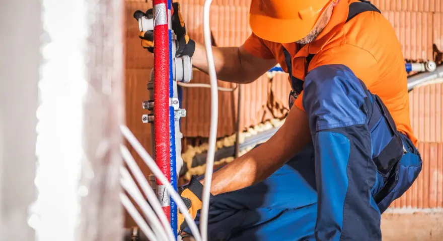 Instalator w pomarańczowym kasku pracuje nad rozprowadzeniem wody w domu, łącząc czerwone i niebieskie rury.
