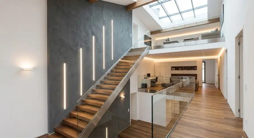 Nowoczesne oświetlenie schodowe LED podkreśla drewniane stopnie i szklane balustrady. Inspiracja, jak podłączyć oświetlenie schodowe.