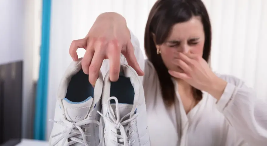 Mujer tapándose la nariz por el mal olor de sus zapatillas blancas. ¡Descubre cómo quitar el olor de los pies y de tu calzado!