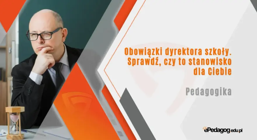 Zamyślony dyrektor szkoły podstawowej w okularach, zastanawia się nad obowiązkami. Czy to stanowisko dla Ciebie? Pedagogika.