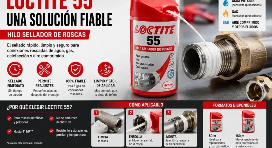 Loctite 55: hilo sellador para conexiones de agua, gas y calefacción. Fácil de aplicar, evita fugas. ¡La solución fiable que buscas!