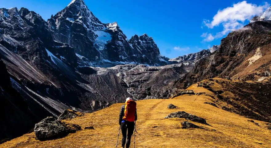 Osoba z plecakiem i kijkami wędruje przez żółtą trawę w kierunku ośnieżonych gór. To jest właśnie co to jest hiking.