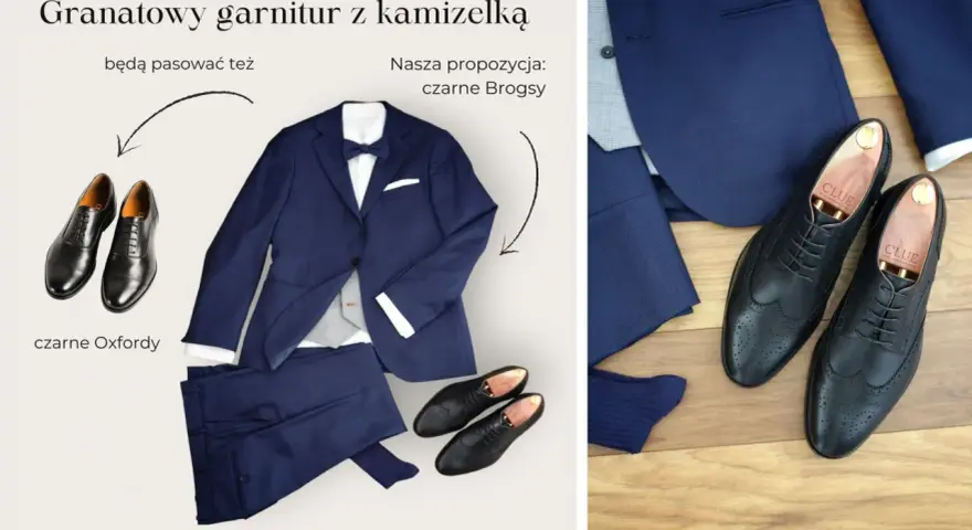 Granatowy garnitur z kamizelką i czarne Brogsy – idealne połączenie. Jakie buty do granatowego garnituru? Brogsy lub Oxfordy.