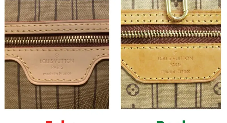 Confronto tra un'etichetta Louis Vuitton falsa e una originale. La dicitura "made in France" è corretta, ma la qualità della pelle e la stampa rivelano la differenza.