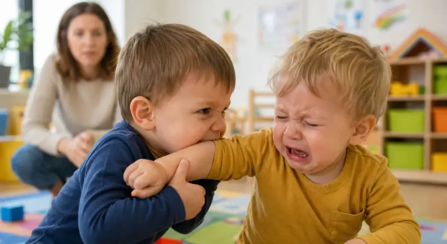 Dziecko gryzie ramię innego dziecka, które płacze. Nauczycielka z tyłu zastanawia się, dlaczego dziecko błaznuje.