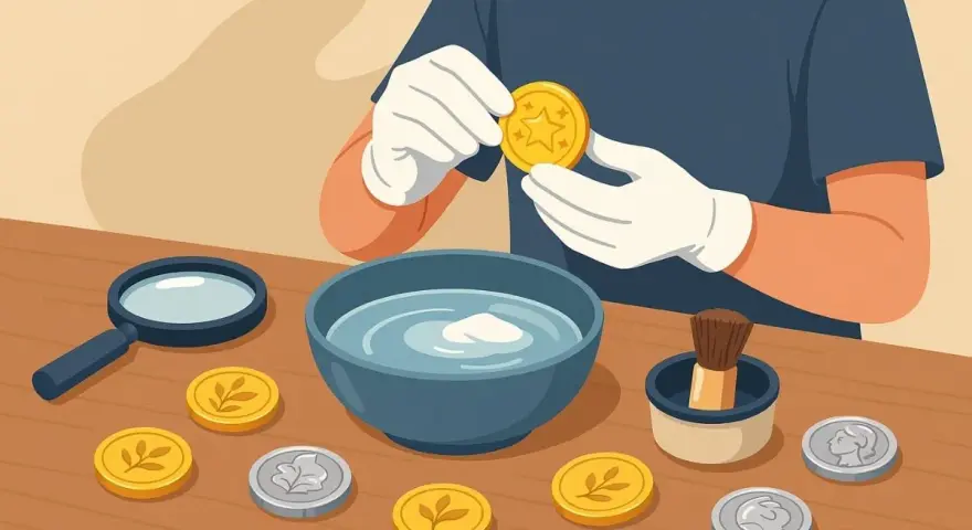 Comment faire briller une pièce de monnaie : une personne avec des gants tient une pièce dorée, près d'un bol d'eau, d'une loupe et d'autres pièces.