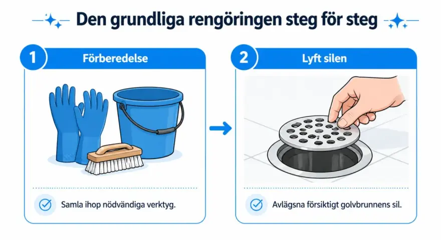 Steg 1: samla ihop handskar, hink och borste. Steg 2: lyft försiktigt golvbrunnens sil för att rensa golvbrunn.