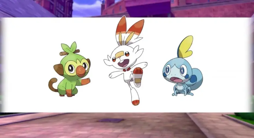 Los tres iniciales Pokémon Espada: Grookey, Scorbunny y Sobble, listos para la aventura.