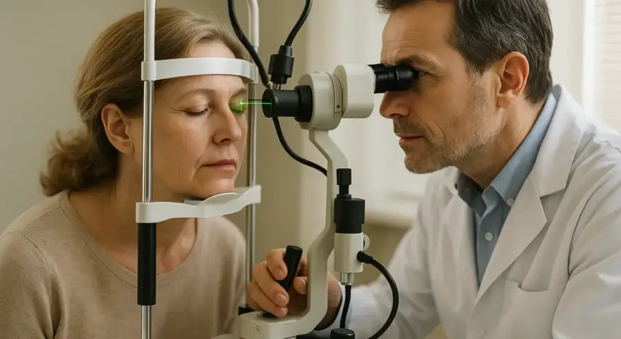 Oculista esegue trattamento laser SLT su paziente. Si discute delle controindicazioni per la salute oculare.