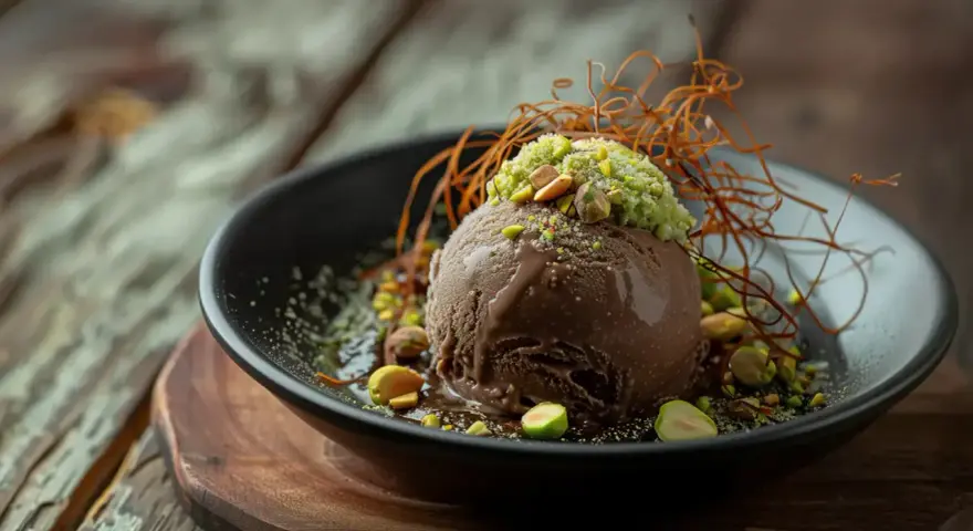 Schokoladeneis-Kugel mit Pistazien und Karamellfäden, ein Hauch von Dubai Eis.