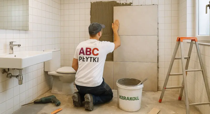 Fachowiec układa płytki na płytki w łazience. Na koszulce widnieje napis "ABC PŁYTKI".