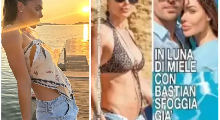 Ilary Blasi incinta, in luna di miele con Bastian, sfoggia il pancino al tramonto.