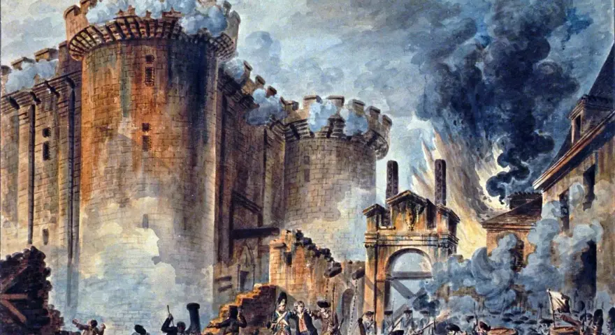 La toma de la Bastilla, símbolo de la escarapela revolucionaria francesa. Humo y caos en el asalto.
