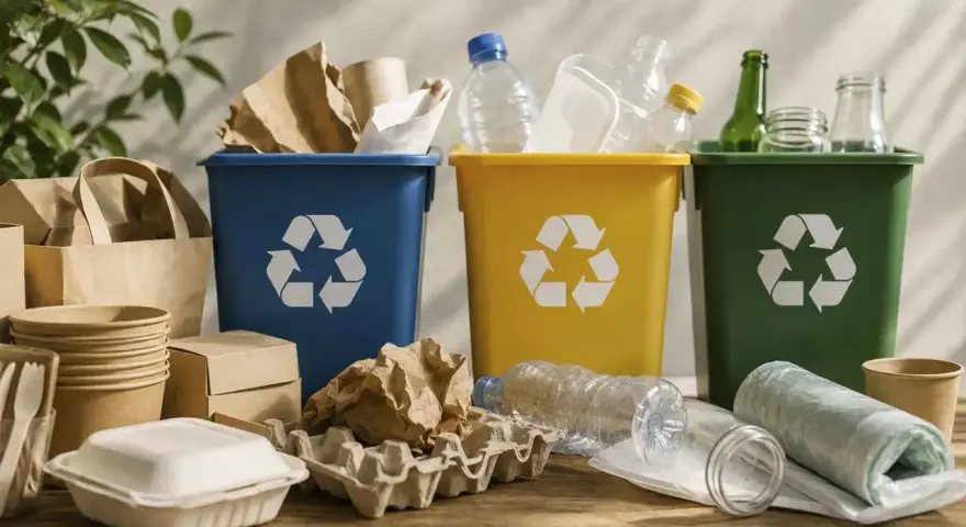 Segregacja odpadów: niebieski kosz na papier, żółty na plastik, zielony na szkło. Nawet hutniczy produkt odpadowy może znaleźć nowe życie.