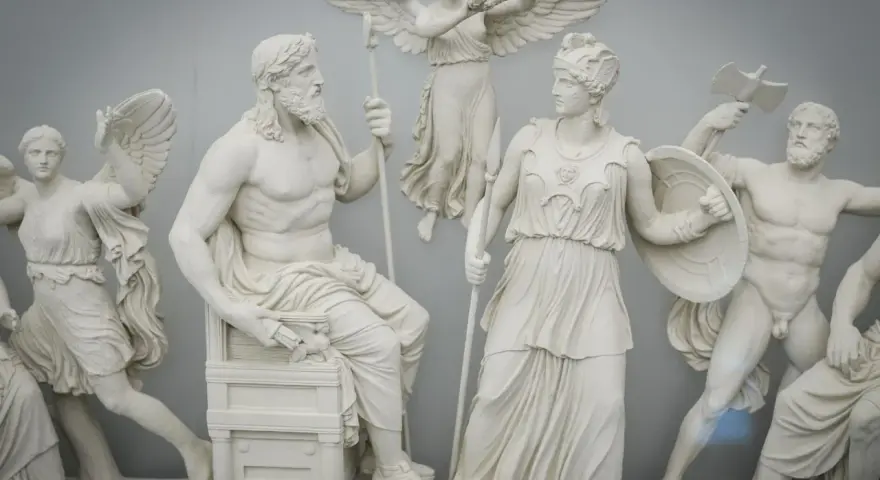 A frieze depicting ancient pagan gods and goddesses, with Zeus seated and Athena standing, surrounded by winged figures and warriors.