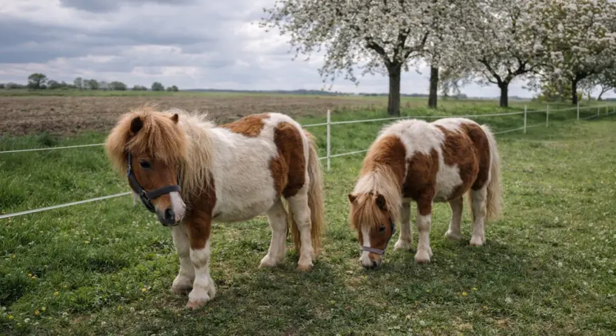 Deux adorables poneys shetland pie, l'un regardant vers l'objectif, l'autre broutant paisiblement dans un pré fleuri sous un ciel nuageux.