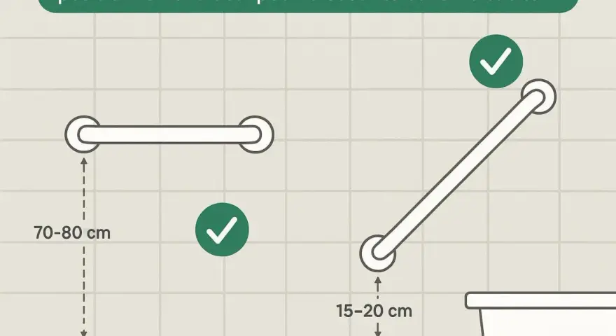 Schéma montrant le positionnement idéal des barres d'appui pour un rectangle PMR WC. Hauteur 70-80 cm pour une barre horizontale, 15-20 cm pour une barre inclinée.