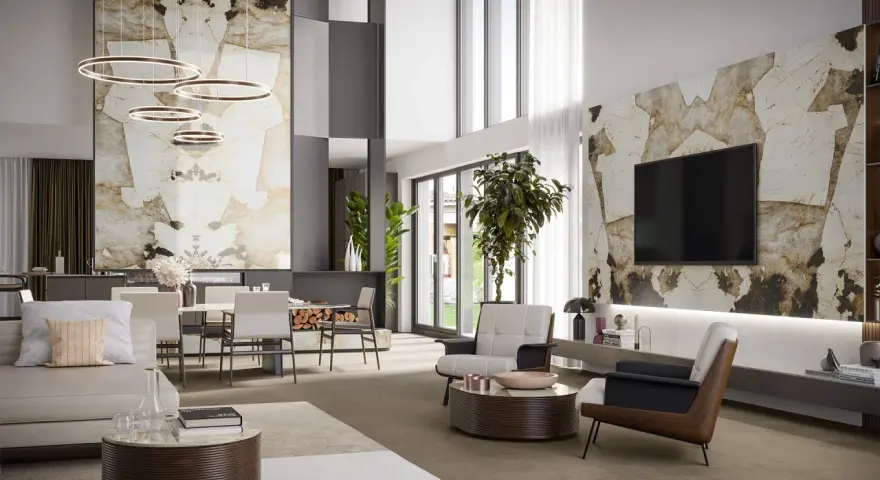 Idee arredare salotto e sala da pranzo insieme: un ambiente moderno con pareti in pietra, mobili di design e illuminazione scenografica.