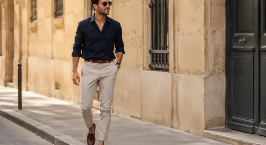 Mężczyzna w granatowej koszuli i beżowych spodniach, prezentujący styl smart casual, spaceruje ulicą.