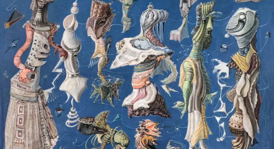 Un tableau aux créatures étranges et oniriques, évoquant le surréalisme. Des formes organiques et mécaniques se mêlent sur fond bleu.