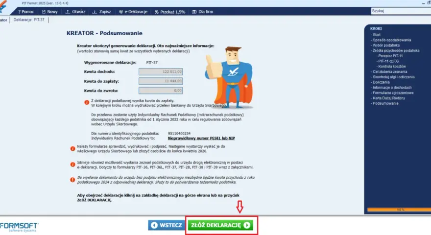 Superbohater z kciukiem w górę obok podsumowania deklaracji PIT-37 z kwotami do zapłaty i zwrotu.