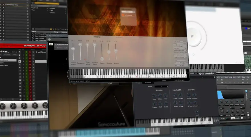Ein Bildschirm mit einem **VST-Sampler** und verschiedenen Musiksoftware-Fenstern, darunter eine virtuelle Tastatur und Effekte.