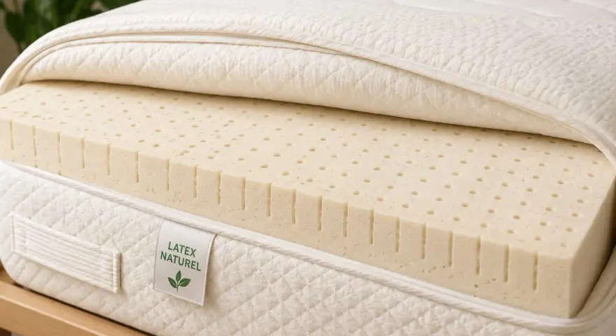 Coupe d'un matelas révélant une couche de latex naturel perforé, gage de confort et de respirabilité.