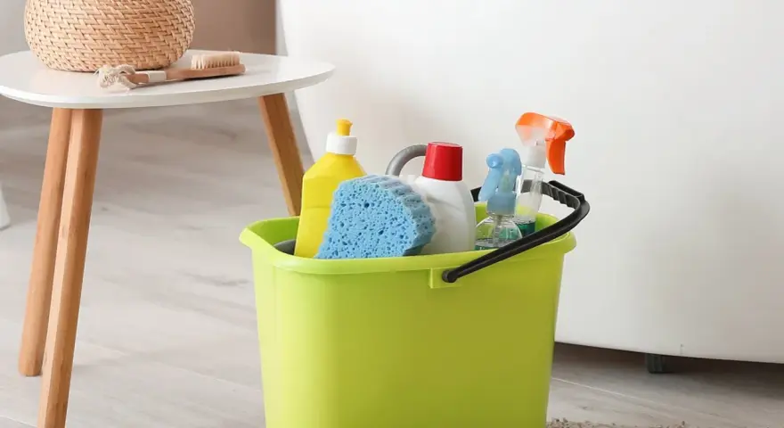 Wiadro z płynami do sprzątania i gąbką. Zastanawiasz się, jak sprać marker permanentny z ubrań? Te środki mogą pomóc!