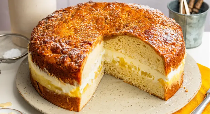 Ein köstlicher Kuchen mit Buttercreme-Füllung und Mandeldecke, inspiriert von Landfrauen Kuchen Rezepten.