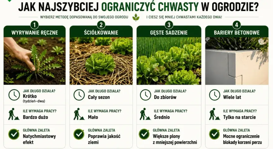 Porównanie metod: jak pozbyć się chwastów na zawsze. Ręczne wyrywanie, ściółkowanie, gęste sadzenie i bariery betonowe.