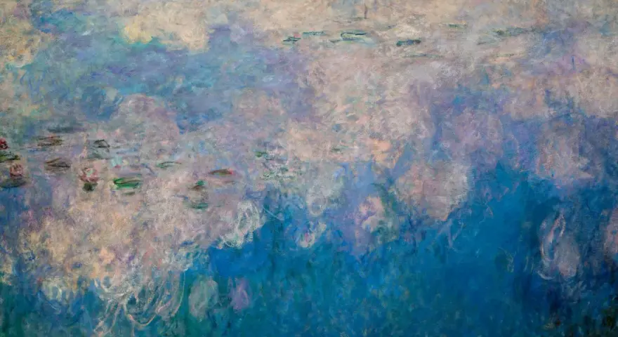 Un étang paisible aux nénuphars roses et verts, baigné de lumière, dans un style Monet.