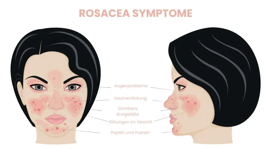 Rosacea-Symptome: Rötungen, sichtbare Blutgefäße, Papeln. Warum kein Hyaluron bei Rosacea? Die Haut ist empfindlich und braucht sanfte Pflege.
