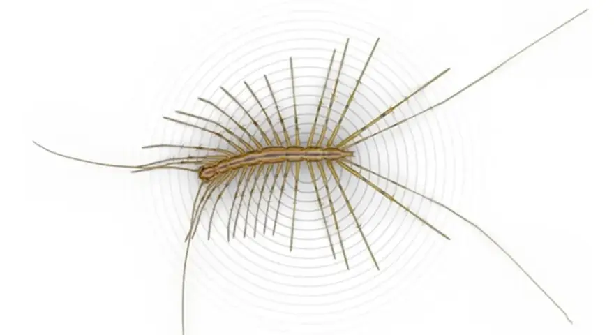 Un ciempiés casero, con sus patas largas y delgadas extendidas, parece flotar sobre un fondo blanco con ondas concéntricas.