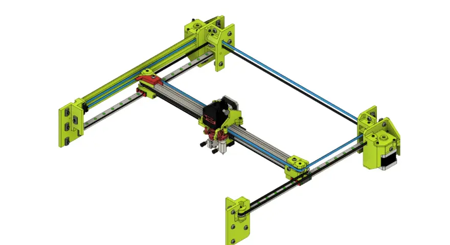 Konstrukcja drukarki 3D z mechanizmem core xy. Zielone elementy, czarne i niebieskie paski napędowe.