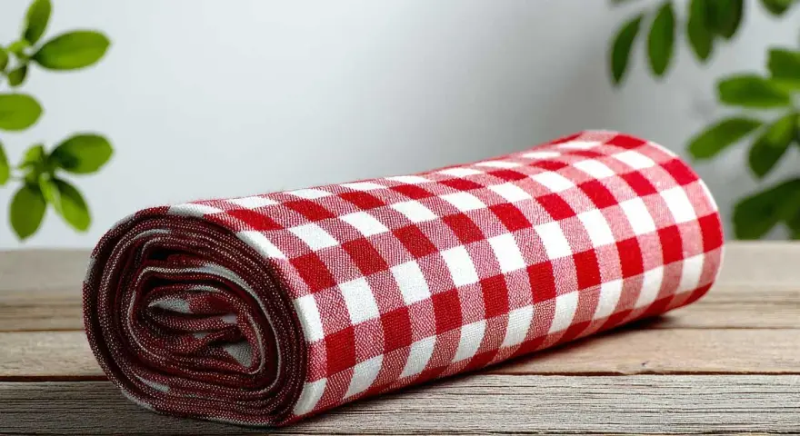 Tovaglia a quadri rossi e bianchi arrotolata su un tavolo di legno. Cos'è la fantasia? È l'immaginazione che crea scenari, come un picnic in un prato.