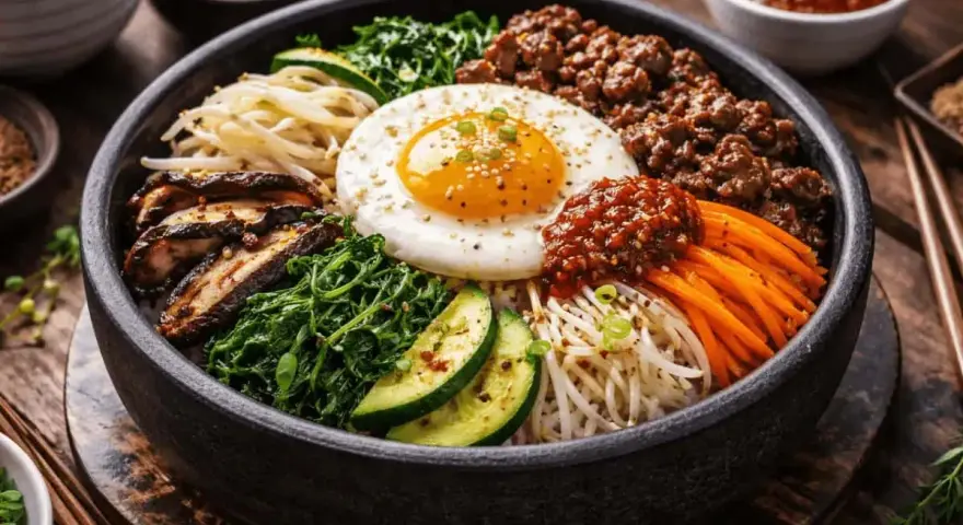 En vacker skål med bibimbap, fylld med ris, grönsaker, köttfärs och ett stekt ägg. Perfekt för ett snabbt och gott bibimbap recept.