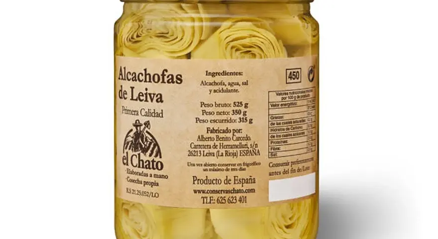 Tarro de cristal con corazones de alcachofa en conserva, marca "El Chato", producto de España.